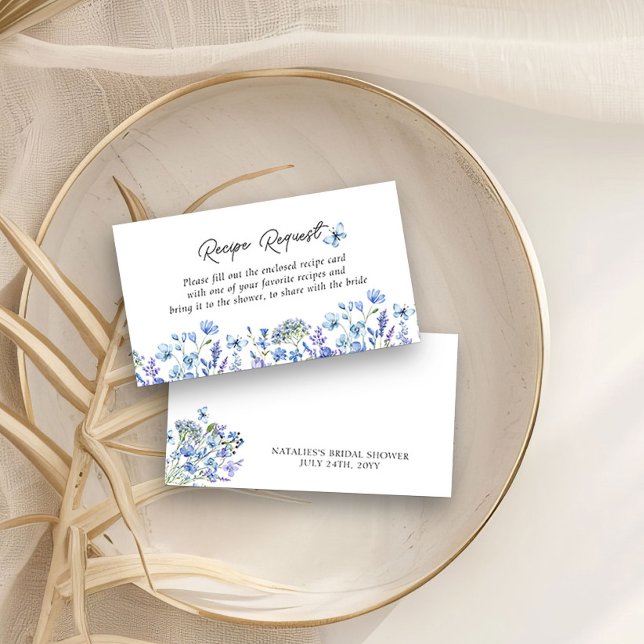 Blå Vildblommor Bröllopsdusch Receptförfrågan Tilläggskort (Share a Recipe with the Bride Request Cards Blue Wildflower Bridal Shower Collection)