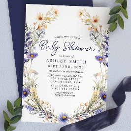 Blå Vildbloms Krans Akvarell Baby Shower Inbjudningar