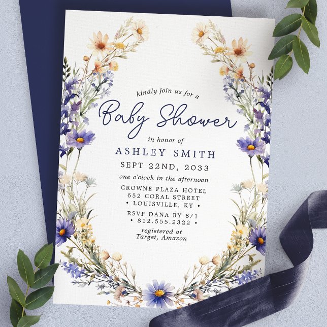 Blå vildbloms krans akvarell baby shower inbjudningar (Skapare uppladdad)