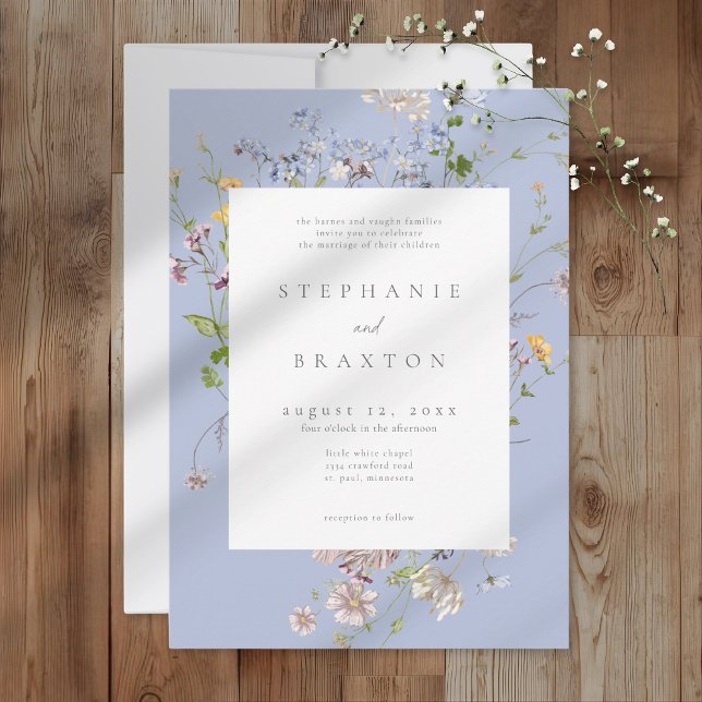 Blå Vildbloms Trädgård Elegant Bröllop Inbjudningar (Blue Wildflower Garden Elegant Wedding Invitation)