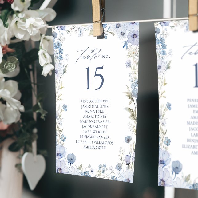 Blå vildblomsgräns Bord Nummer Sittplatskarta Inbjudningar (Blue Wildflower Border Table Number Seating Chart)