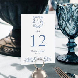 Blå Vintage Barock Monogram Krönings Bröllop Bordsnummer