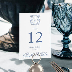 Blå Vintage Barock Monogram Krönings Bröllop Bordsnummer