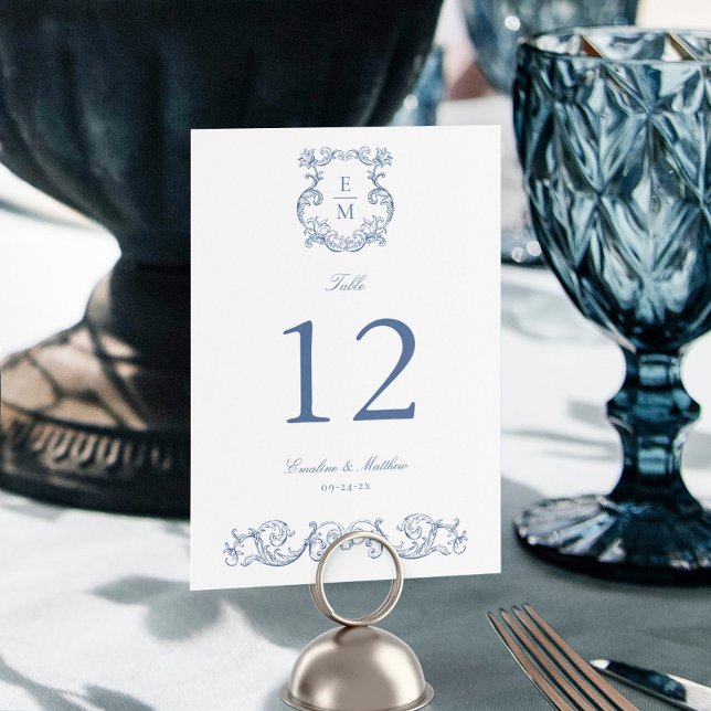 Blå Vintage Baroque Monogram Vapensköld Bröllop Bordsnummer (Skapare uppladdad)