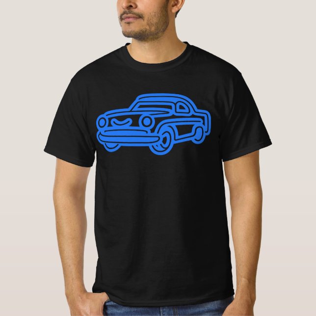 Blå Vintage Bil Illustration T Shirt (Framsida)