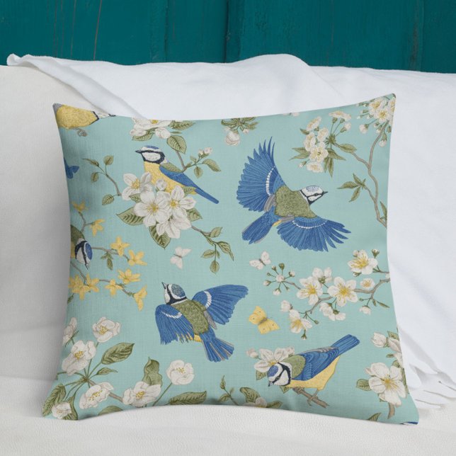 Blå Vintage Bird and Flowers Kudde (Skapare uppladdad)