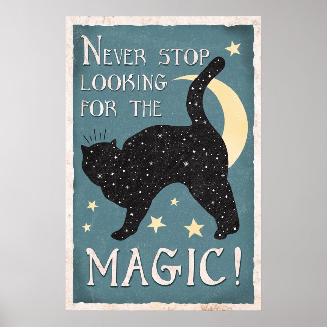 Blå Vintage Black Cat Magic Stars Måne Poster (Framsidan)
