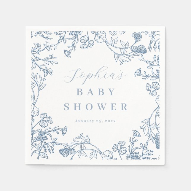 Blå Vintage Blommig Bebis Babyshower Pappersservett (Framsidan)