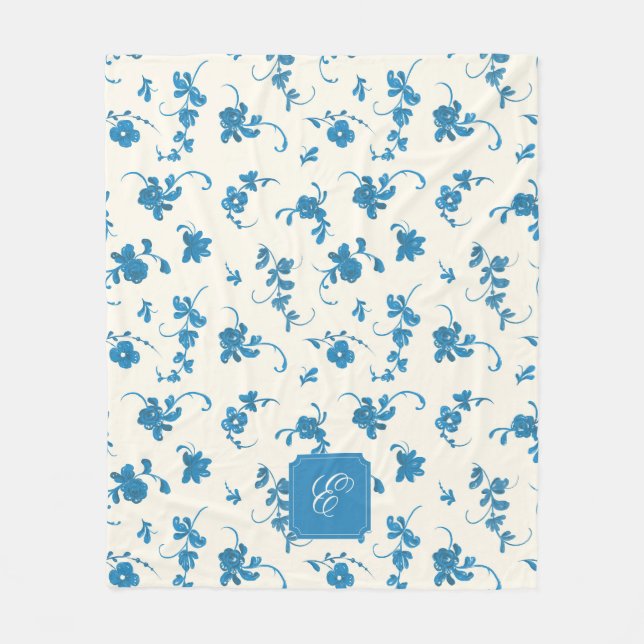 Blå Vintage Blommig Personlig Monogram  Fleecefilt (Framsidan)
