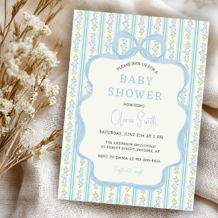 Blå Vintage Blommig Pojk Babyshower Inbjudningar
