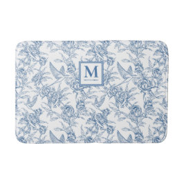 Blå Vintage Blommig Toile de Jouy Fransk Monogram Badrumsmatta