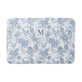 Blå Vintage Blommig Toile de Jouy Fransk Monogram Badrumsmatta