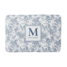 Blå Vintage Blommig Toile de Jouy Fransk Monogram