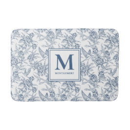 Blå Vintage Blommig Toile de Jouy Fransk Monogram Badrumsmatta