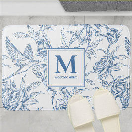 Blå Vintage Blommig Toile de Jouy Fransk Monogram Badrumsmatta