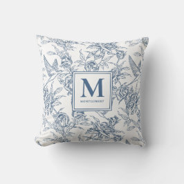 Blå Vintage Blommig Toile de Jouy Fransk Monogram Kudde