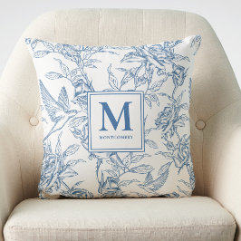 Blå Vintage Blommig Toile de Jouy Fransk Monogram Kudde