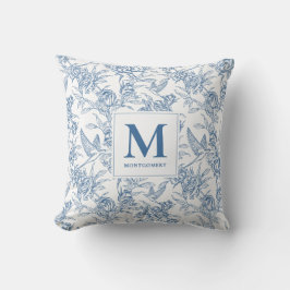 Blå Vintage Blommig Toile de Jouy Fransk Monogram Kudde