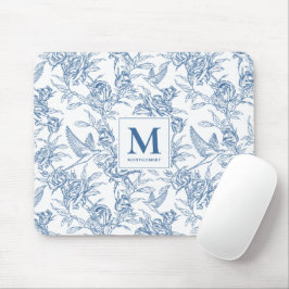 Blå Vintage Blommig Toile de Jouy Fransk Monogram Musmatta