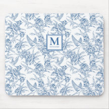 Blå Vintage Blommig Toile de Jouy Fransk Monogram