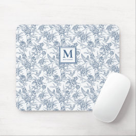 Blå Vintage Blommig Toile de Jouy Fransk Monogram Musmatta