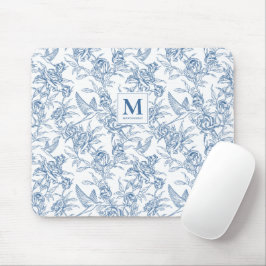 Blå Vintage Blommig Toile de Jouy Fransk Monogram Musmatta