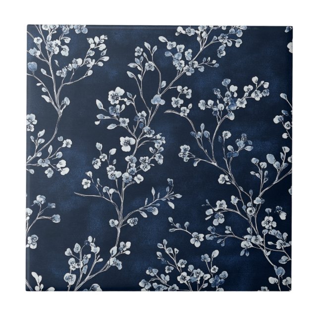 Blå Vintage Blommig Toile Mönster (13) Kakelplatta (Framsidan)