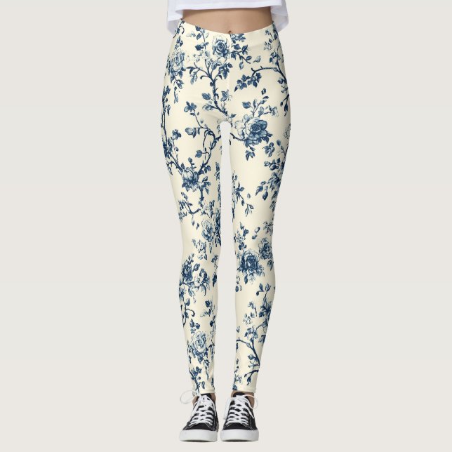 Blå Vintage Blommig Toile Mönster (2) Leggings (Framsida)