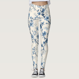 Blå Vintage Blommig Toile Mönster (4) Leggings