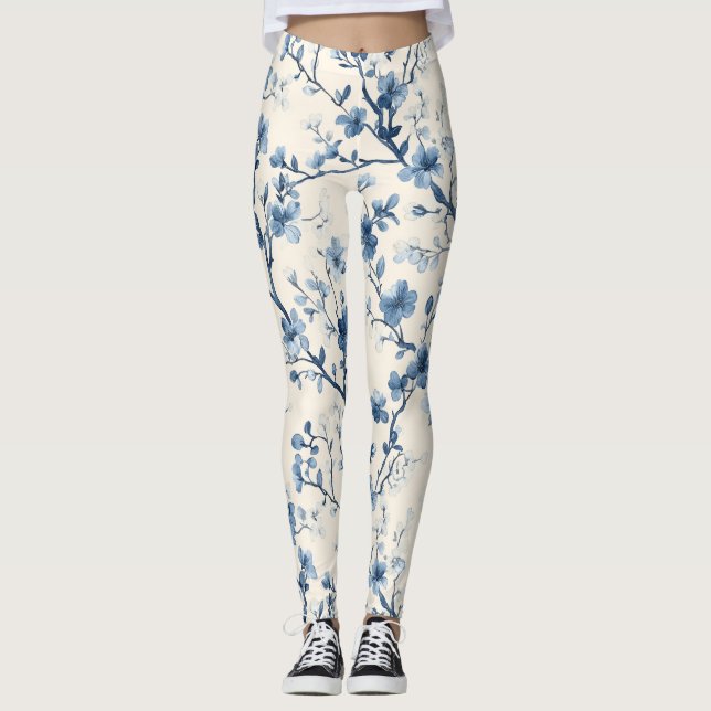 Blå Vintage Blommig Toile Mönster (4) Leggings (Framsida)