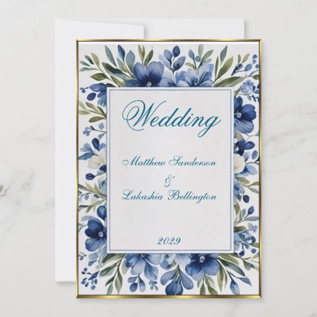 Blå vintage, blommigt Bröllop Vit Inbjudningar (Framsida)