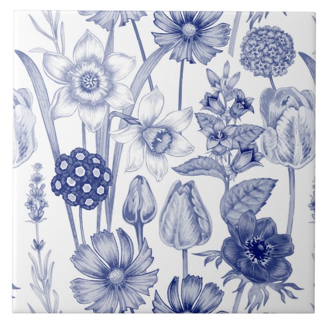 blå vintage blommigt mönster i sidled kakelplatta (Framsidan)