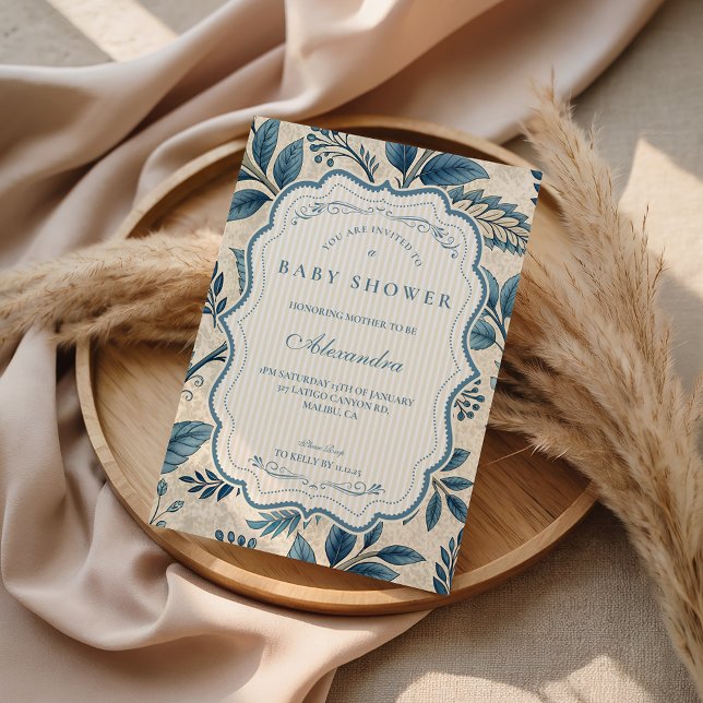 Blå Vintage Botanisk Bebis Shower Inbjudningar (Skapare uppladdad)