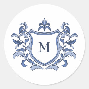 Blå Vintage Crest Monogram Bröllop Kuvert Sigill Runt Klistermärke