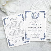Blå Vintage Crest Monogram Bröllop med Detaljer