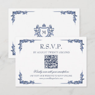 Blå Vintage Crest Monogram RSVP Online OSA Kort