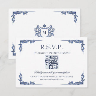 Blå Vintage Crest Monogram RSVP Online OSA Kort