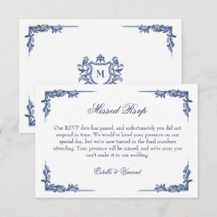 Blå Vintage Crest Monogram Taktfullt Missat RSVP OSA Kort