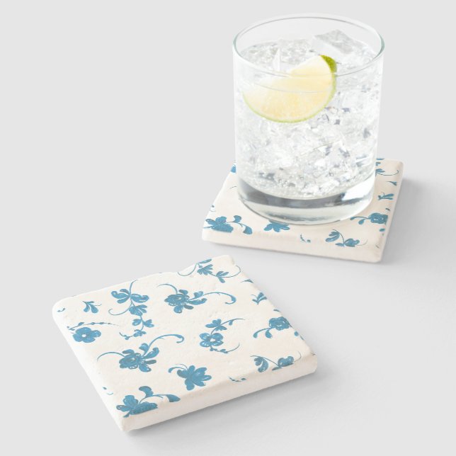Blå Vintage Elegant Blommig Stenunderlägg (Sidan)
