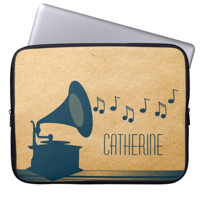 Blå Vintage Gramophone Laptop sleeve (Framsidan)