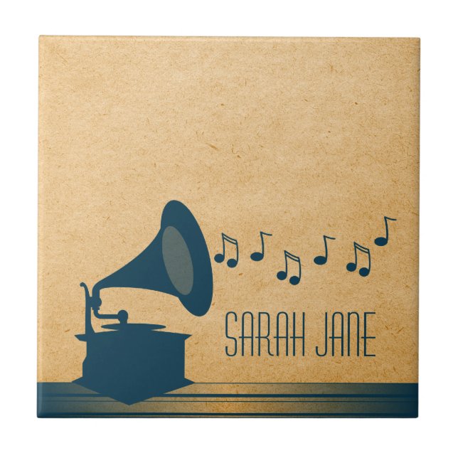 Blå Vintage Gramophone Tile Kakelplatta (Framsidan)