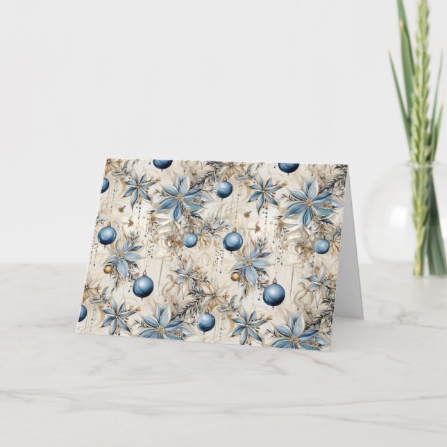 Blå Vintage Julblommor Helgkort (Framsida)