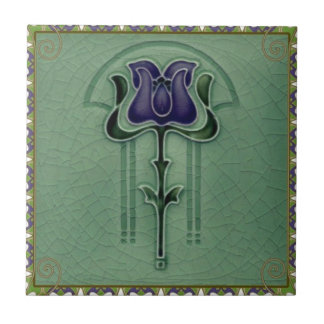 Blå Vintage Nouveau Art Flower Design Kakelplatta