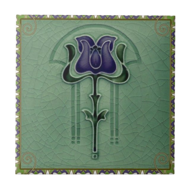 Blå Vintage Nouveau Art Flower Design Kakelplatta (Framsidan)