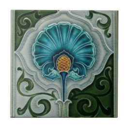 Blå Vintage Nouveau Art Flower Design Kakelplatta