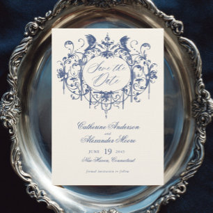 Blå Vintage Ornament Elegant Bröllop Spara Datumet