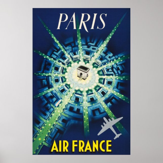 Blå Vintage Paris Fransk Flygresor Europa Poster (Framsidan)