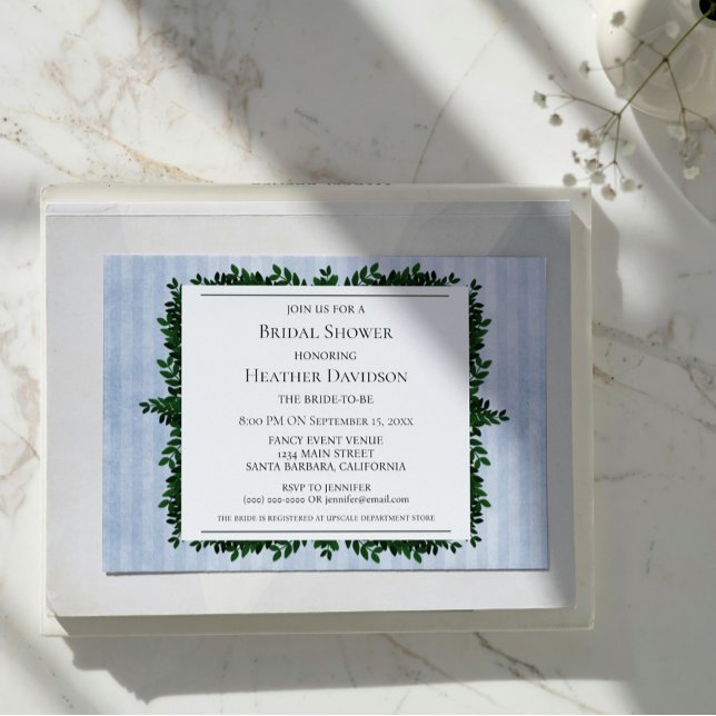 Blå Vintage, strimlad Foliage Möhippa Inbjudan (Blue Vintage Striped Foliage Bridal Shower Invite)