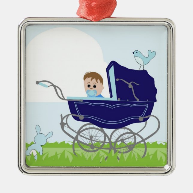 Blå vintagen pojke barnvagn julgransprydnad metall (Framsidan)