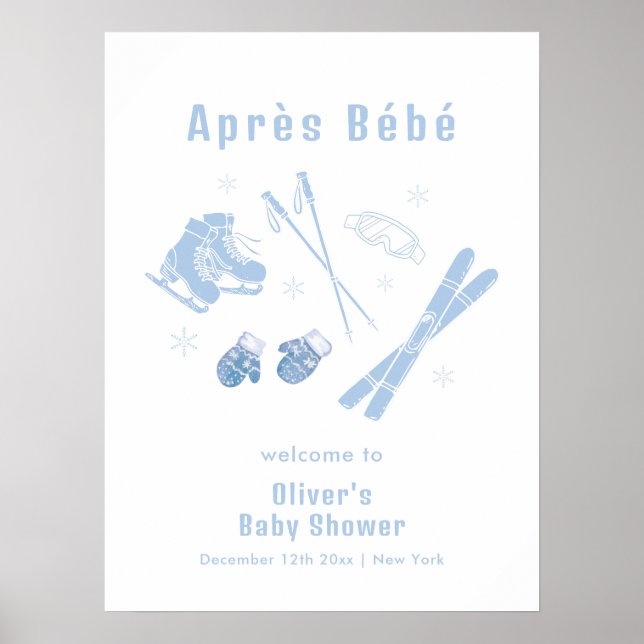 Blå vinter Après Bébé Ski Baby Shower Välkomstskyl Poster (Framsidan)